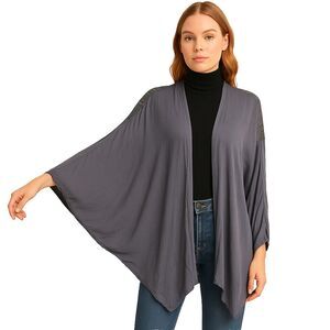 NEW POL Small Gray Asymmetric Cape / Kimono Lace Back Crinkled Cotton Blend Boho